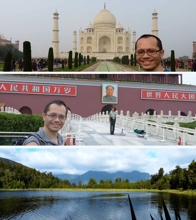 At the Taj Majal, Tiananmen gate of the Forbidden City, and Lake Matheson, New Zealand.